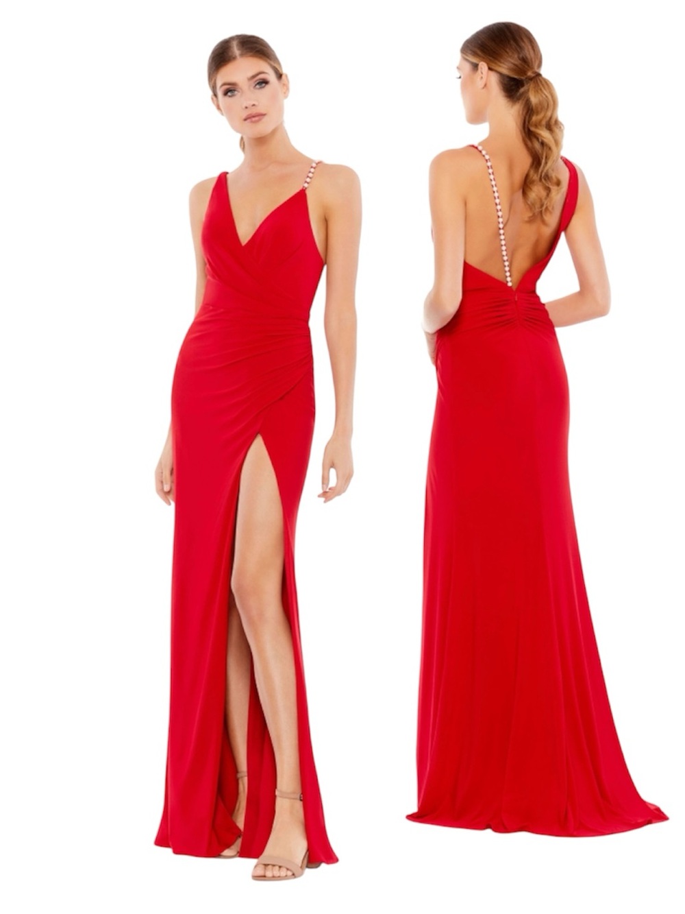 Ieena for MacDuggal Asymmetrical Pearl Strap V-neck , Thigh Slit Dress
